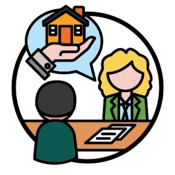 A participant is meeting with a home and living navigator. Above the home and living navigator is a speech bubble showing a home and living supports icon.